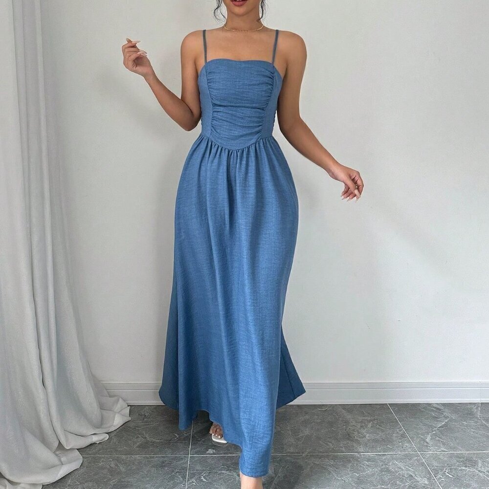 Dusty Blue Elegant Women's Solid Color Ruffle Hem Dress - Picture 4 of 6